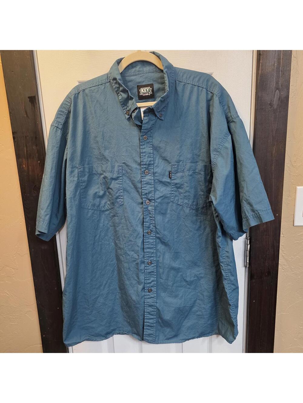 KEY Men's Regular Blue/Teal Button-Up Short Sleeve Shirt-2XL NWOT